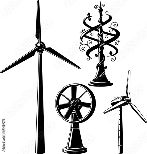 Silhouette of Renewable Energy Wind Turbines and Vintage Windmill