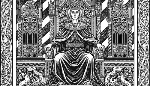 Medieval queen illustration seated on gothic throne, royal woman stained glass style black and white vector engraving artwork design