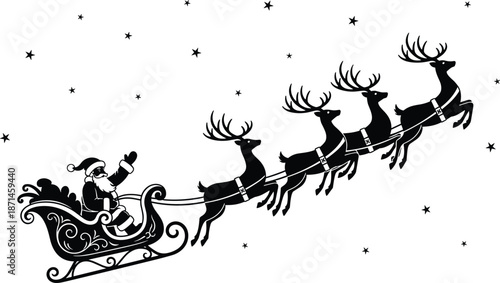 Santa Claus flying with reindeer sleigh silhouette, Christmas night sky stars festive holiday black and white vector illustration design