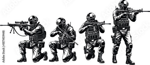 Tactical military soldiers silhouette, special forces team in combat poses aiming rifles isolated black and white vector illustration design