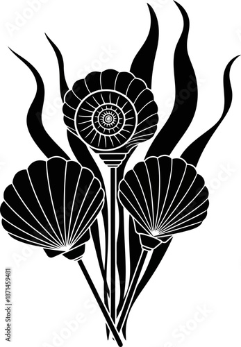 Stylized seashells and seaweed illustration for design projects