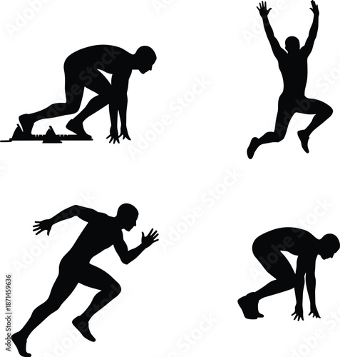 Athlete running and jumping silhouettes illustration set, sprint start motion poses, dynamic sports action isolated on white background