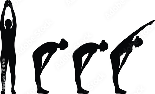 Yoga stretching exercise silhouettes illustration, female body warm up poses, flexibility workout sequence isolated on white background vector design