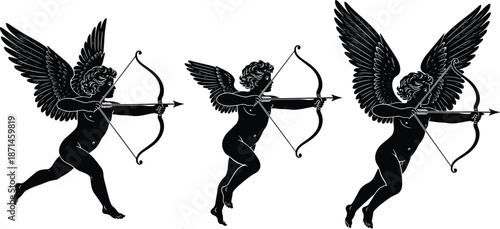 Three flying cupid angel silhouette illustrations, mythology cherub archer figures, romantic valentines love symbols isolated on white background design art