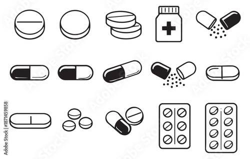 Line art medicine icons set featuring pills, capsules, medicine bottles, and blister packs for medical and pharmaceutical design