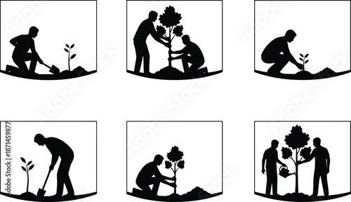 Tree planting silhouettes, people gardening together, environmental conservation concept, reforestation teamwork, eco friendly lifestyle, nature care illustration