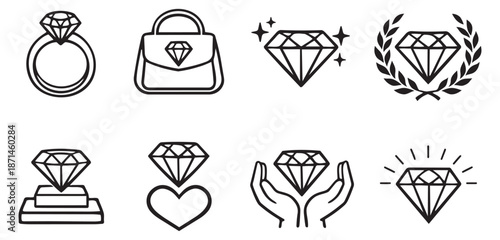 Hand drawn line art diamond icons set featuring a ring, a handbag, sparkling gems, and symbolic designs for jewelry, luxury, and success concepts