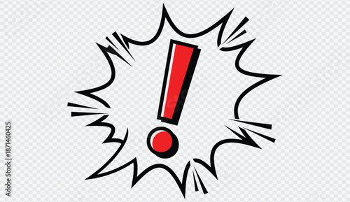 Attention grabbing red exclamation mark in comic style speech bubble