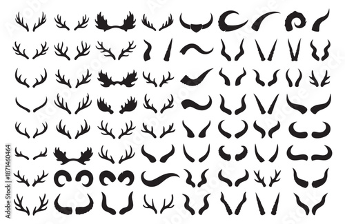 Silhouette horns and antlers set featuring various animal shapes and styles for design elements and decoration