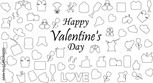 Hand-drawn Valentine's icon pattern, lettering with romantic doodle icons. vector line art background featuring hearts, gifts, and flowers. Printable activity style vector illustration.