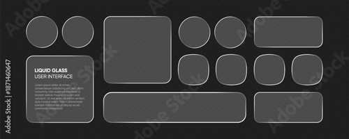 Trend liquid glass frames and buttons set transparent background. Vector EPS10 realistic illustration of glass morphism text boxes, menu windows, search bars, website, mobile app ui ux design elements