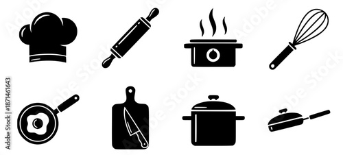 A set of eight black solid silhouette icons representing various kitchen and cooking tools