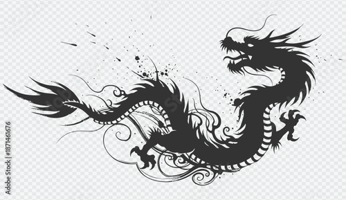 Black dragon tattoo design with splatter art on transparent background