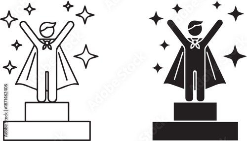 Superhero businesswoman celebrating success on podium with cape and stars flying victory concept vector illustration