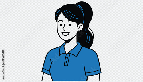 Cartoon illustration of a smiling young woman wearing blue polo shirt with ponytail hair