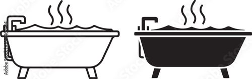 Empty Bathtub with Hot Steam Running Water Vector Illustration Minimalist Black and White Line Art