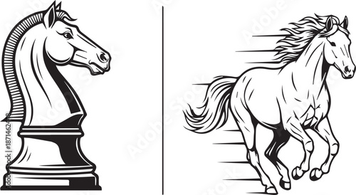 Chess knight and galloping white horse minimalist line art, strategy and power concept, black and white vector illustration
