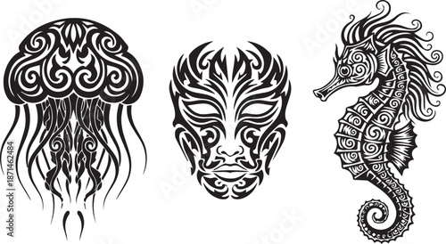 Tribal Maori Tattoo Art Collection Black Ink Vector Designs Traditional Polynesian Patterns Face and Fish Motifs