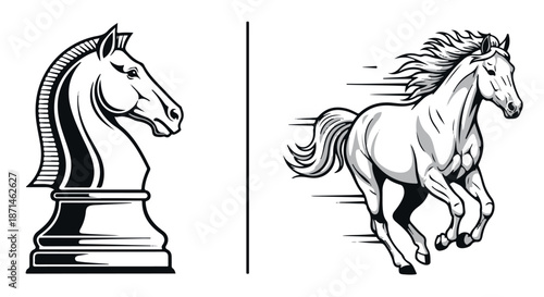Chess knight and galloping white horse illustration, strategic success and victory concept, black and white line art, dynamic motion and power symbol