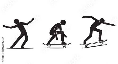 Silhouette of skateboarder performing tricks progression on flat ground at sunset minimalist black and white illustration