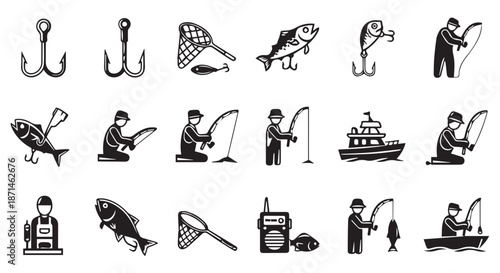 Set of black and white fishing icons and illustrations with hooks, fish, anglers, boats, and equipment for outdoor leisure and sport activities