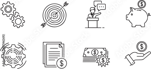 Business success and financial growth icons set with gears, target, piggy bank, investment, and strategy concepts in flat design