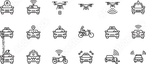 Collection of modern transportation icons with vehicles and drones