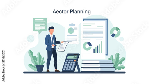 Illustration of a businessman planning with a calculator, papers and graphs on a clean background with green plants.