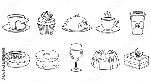 Set of coffee, dessert, and drink icons in flat design for cafe menu, restaurant, or bakery branding