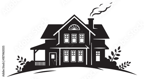 Cozy Modern Black House Silhouette with Smoke Chimney and Green Plants Illustration Vector