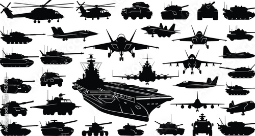 Military vehicle silhouette vector set with tanks, helicopters, fighter jets and aircraft carrier, modern warfare transport icons for design projects