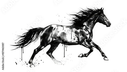 A dynamic illustration of a Horse running pose in ink isolated on transparent background.