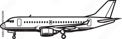 Commercial airplane flying in clear sky, side view illustration for travel, aviation, and business concepts