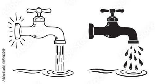 Leaking Black Faucet with Hot and Cold Water Dripping from Kitchen or Bathroom Sink Vector Illustration