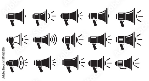 Set of 15 black megaphones and loudspeakers icons in flat design for communication, announcement, or marketing campaigns vector illustration