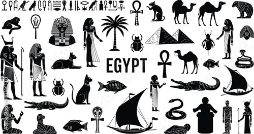 Ancient Egypt silhouette icon set with hieroglyphs, pharaohs, gods, pyramids, animals, ankh symbols and traditional Nile boat vector