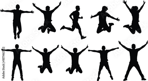 Jumping people silhouettes set with happy energetic men and women, black action vector icons isolated on white background