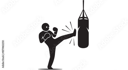 Male Athlete Kicking Heavy Punching Bag in Gym Minimalist Black and White Silhouette Training Concept