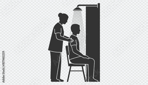 Caring nurse assisting patient with personal hygiene under refreshing shower