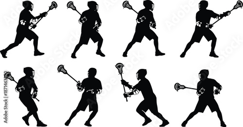 Lacrosse player silhouettes set, male athletes running throwing poses, black vector sport figures collection isolated on white background