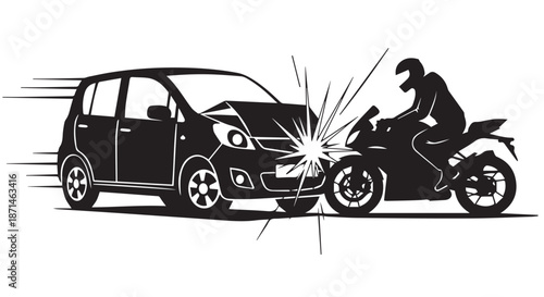 Car and Motorcycle Accident Collision Crash Impact Explosion Vector Illustration Black White