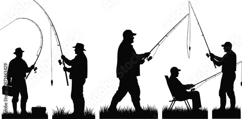 Fishing men silhouette set, anglers casting rods river lake scenes, black fisherman outdoor hobby illustrations isolated on white background