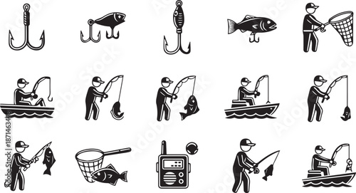 Fishing Tools and Techniques Illustration Set with Hooks, Fish, Angler, Boat, and Equipment in Flat Design Style