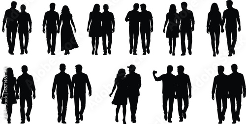 Walking couple silhouette set, men women friends strolling together poses, black people relationship illustrations isolated on white background vector