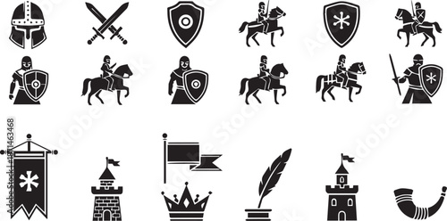 Medieval knights, shields, swords, and castle icons set in black and white vector illustration for history and fantasy design