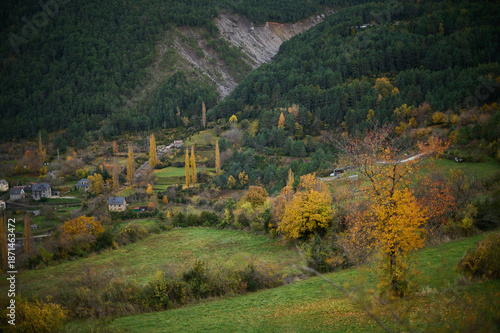 Wallpaper Mural Scenic aerial view of Saravillo village in autumn surrounded by colorful Pyrenees mountains in Huesca Aragon Spain Torontodigital.ca