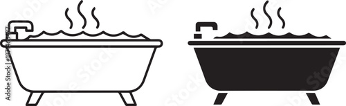 Hot Bath Comparison Empty vs Full Bathtub with Steaming Water Relaxation Concept Line Art