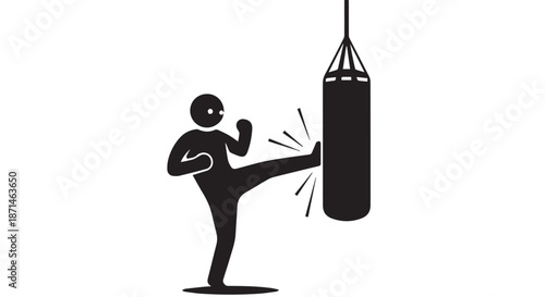 Male Boxer Training High Kick on Black Punching Bag Minimalist Silhouette Fitness Workout Concept