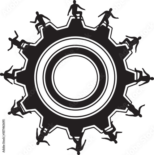 Silhouette teamwork and collaboration concept with people running on success gear wheel for business growth and corporate strategy