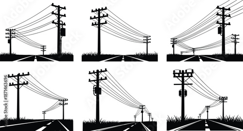 Power line road silhouette set, rural electric poles highway perspective scenes, black utility landscape illustrations isolated on white background